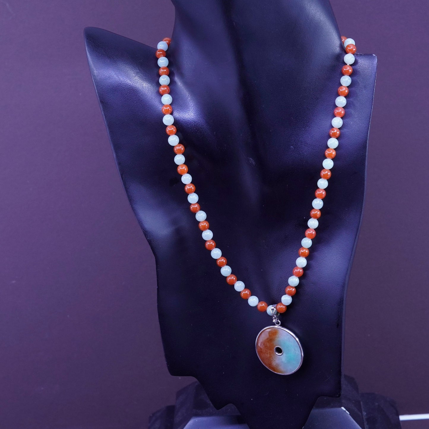 18”, jade carnelian beads necklace with Sterling 925 silver chain coin pendant