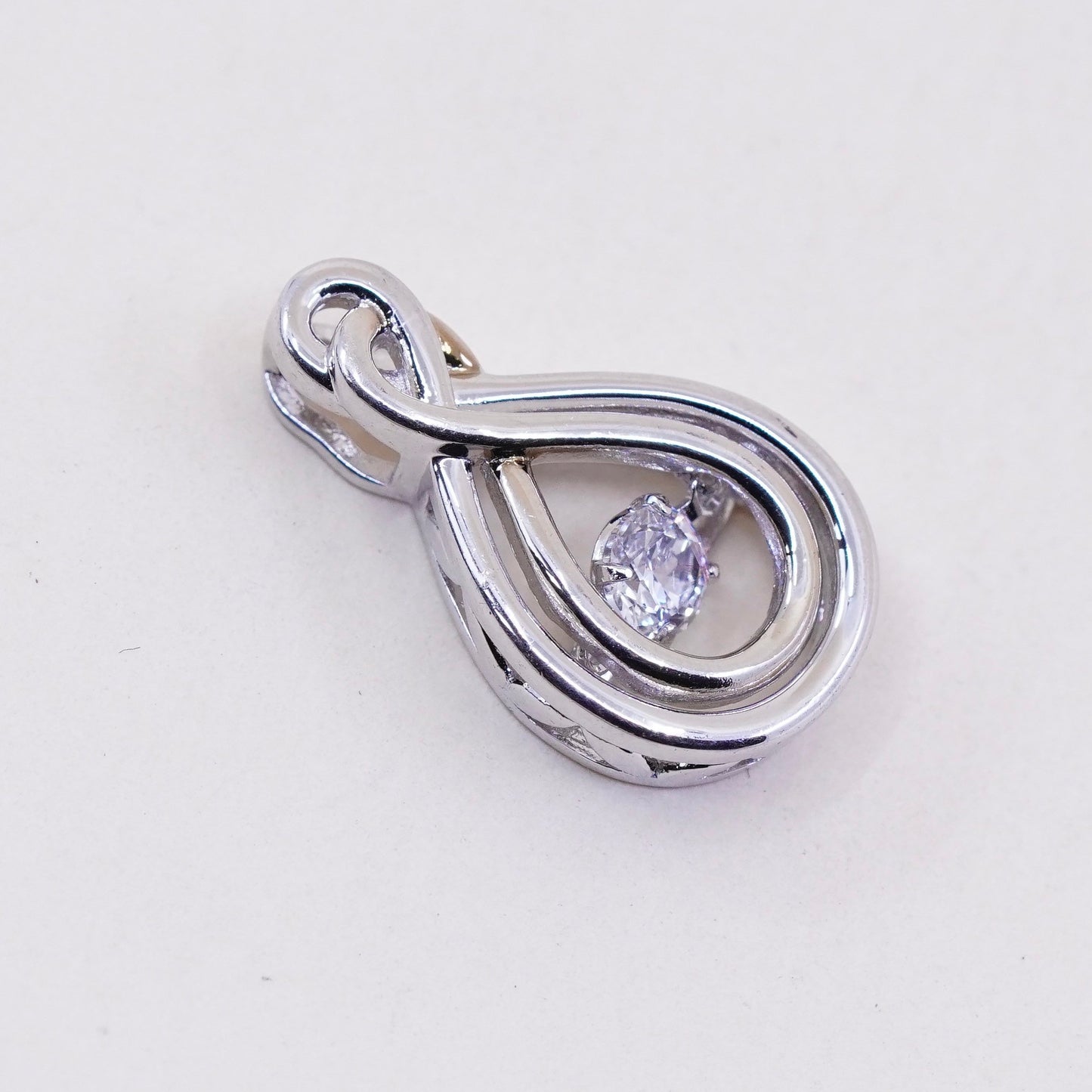 Vintage sterling silver pendant, round cut clear Cz, 925 entwined teardrop