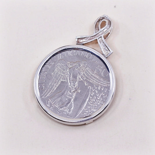 Sterling 925 silver handmade ribbon pendant, Citta Del Vaticano 50 coin charm