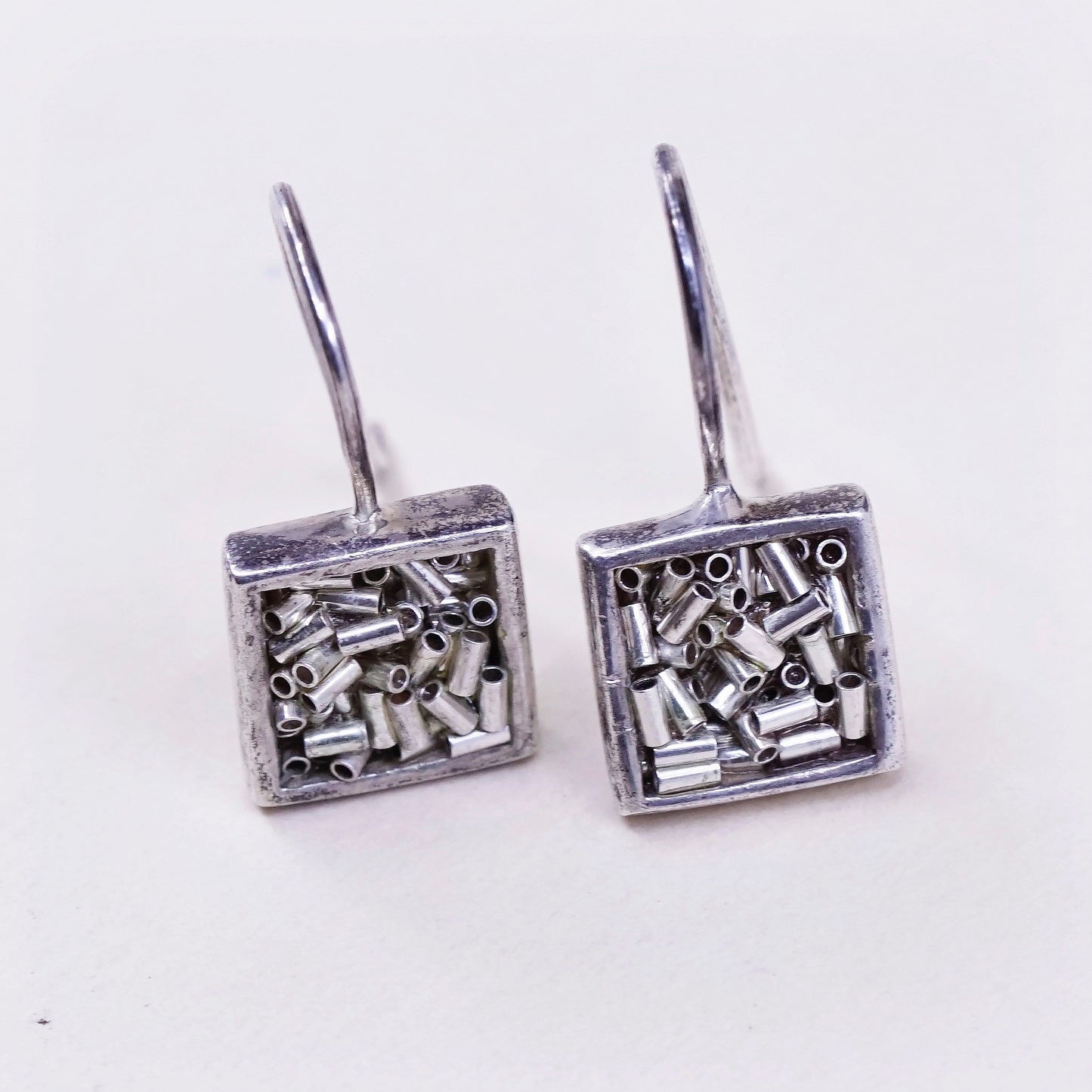 Vintage Sterling silver handmade earrings, 925 textured square dangle
