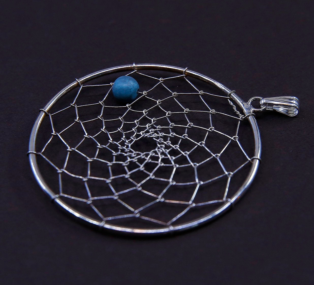 vtg Sterling silver handmade pendant with turquoise, 925 silver swirl net