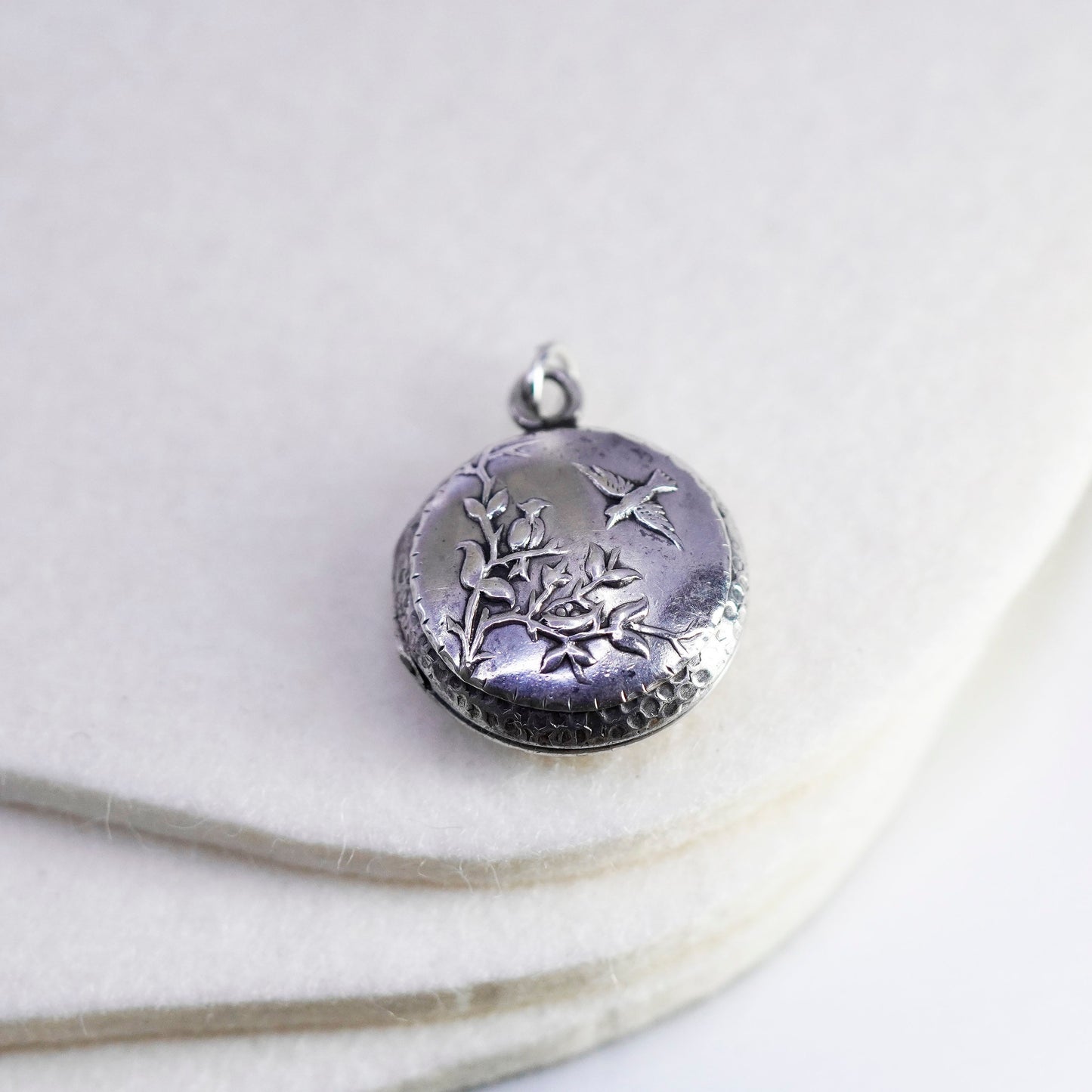 Antique Sterling silver charm, 925 circle photos locket with bird floral relief
