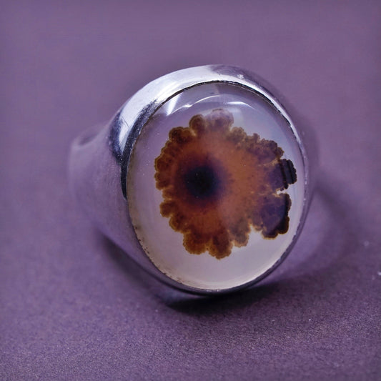 sz 11, vtg Sterling 925 silver handmade ring with wood pattern dendritic agate