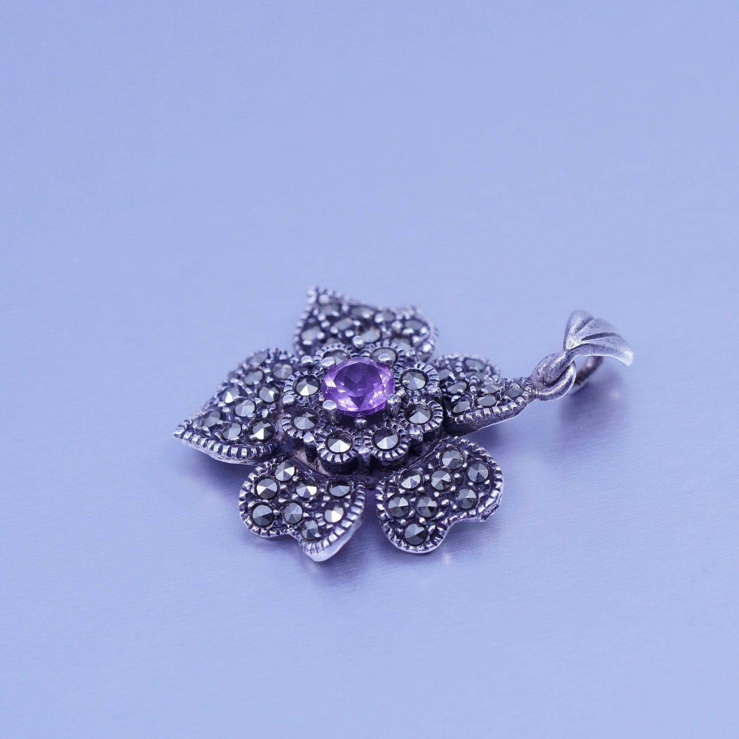 Antique Sterling silver handmade charm, 925 flower pendant Marcasite amethyst