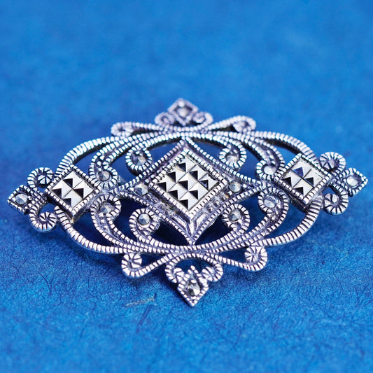 Vintage sterling silver handmade brooch, filigree 925 pin with marcasite