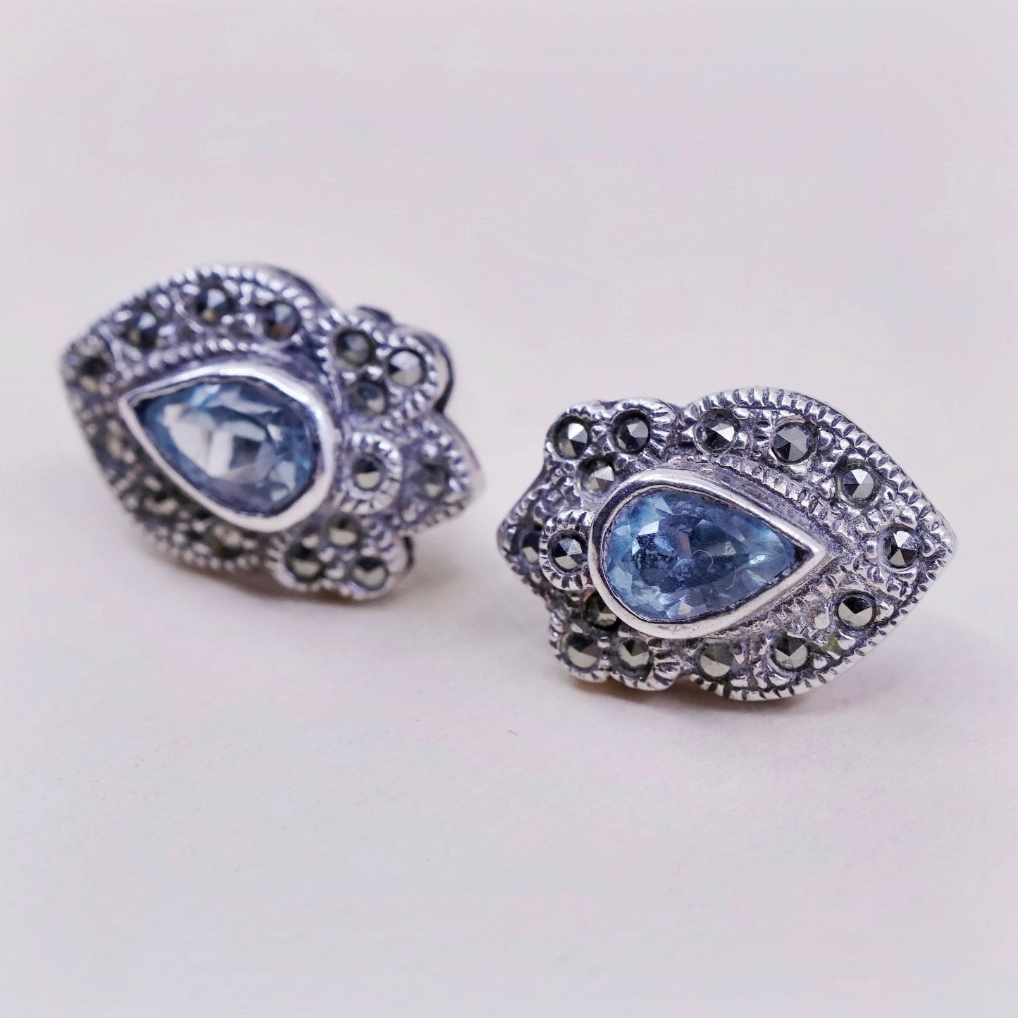 Vintage Sterling silver handmade earrings, 925 studs with topaz and marcasite