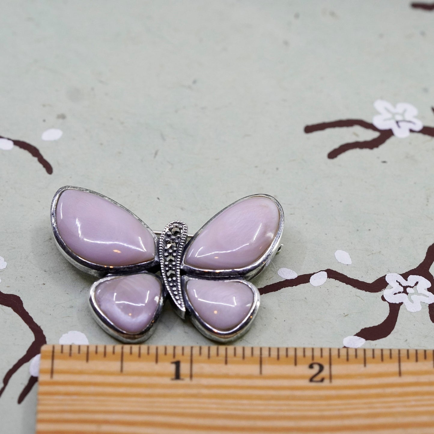 Sterling silver handmade brooch, 925 butterfly pin mother of pearl marcasite