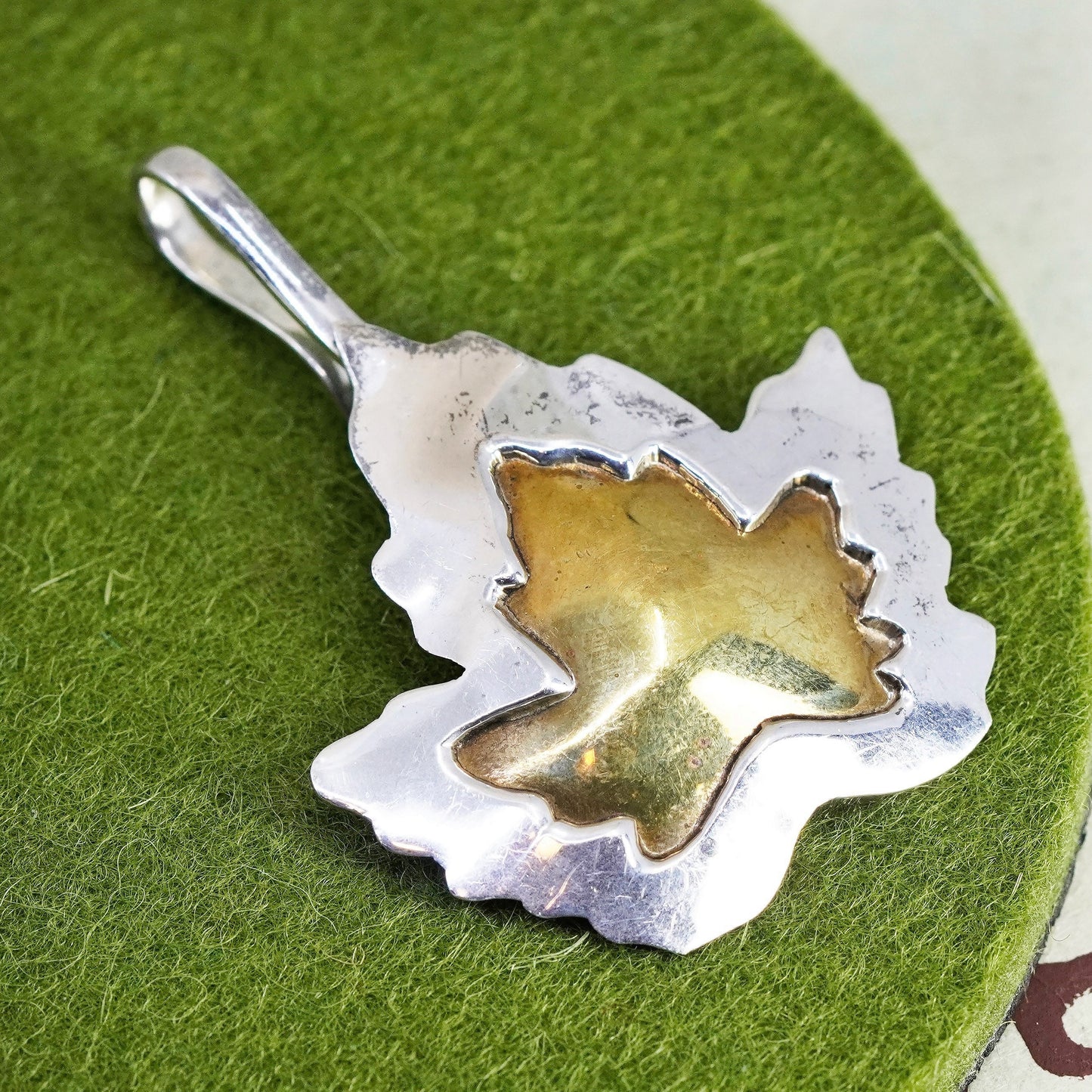 Vintage Sterling silver handmade pendant, 925 maple leaf with brass