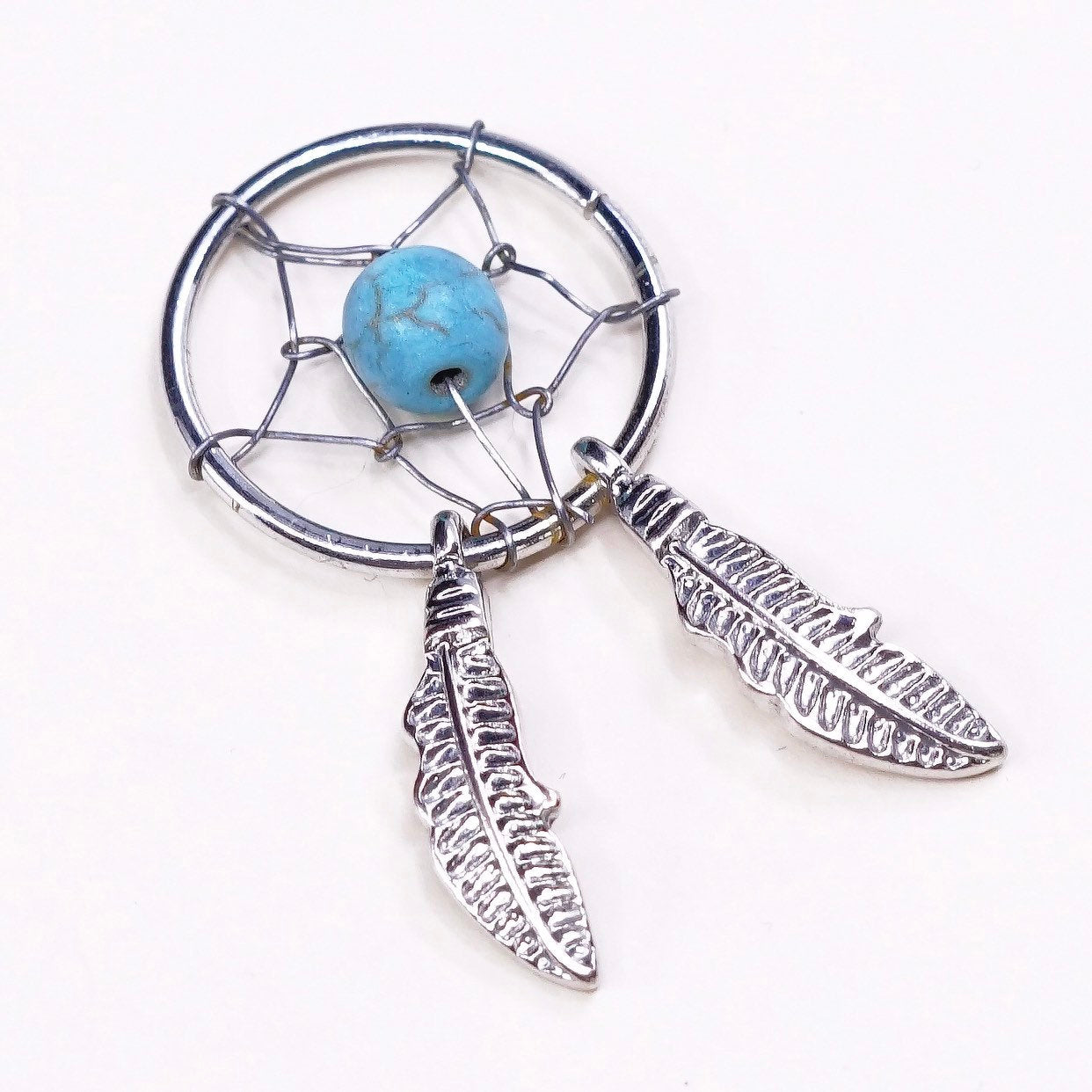 Sterling silver handmade pendant, 925 circle net charm w/ turquoise n feather