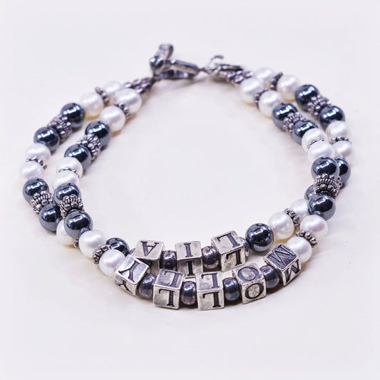 7.5”, MB sterling 926 silver bracelet, monogram hematite pearl chain “molly Lia