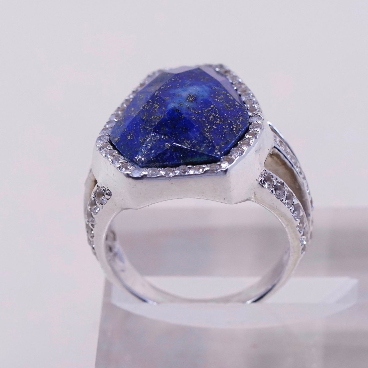 Size 10, vtg sterling 925 silver handmade ring with Lapis lazuli and Cz around
