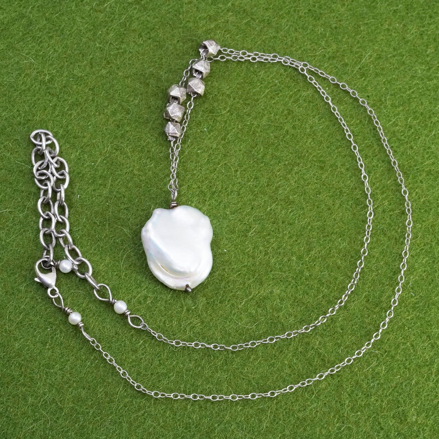 15+3”, vintage sterling 925 silver handmade necklace, circle chain coin pearl