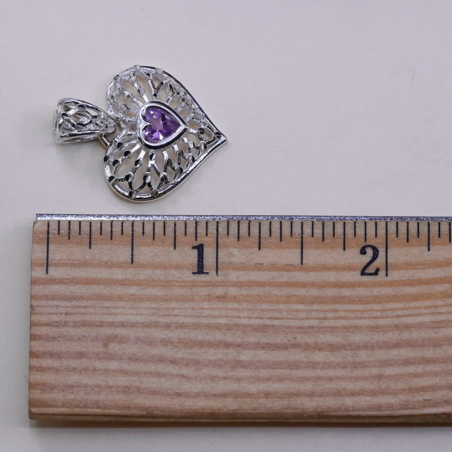 Vintage Sterling silver handmade pendant, 925 filigree heart with amethyst