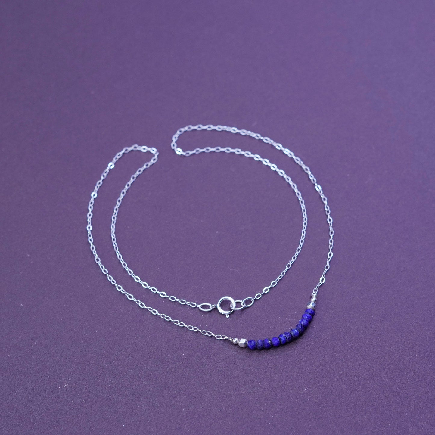 18”, sterling silver handmade necklace, 925 circle chain with lapis bar pendant