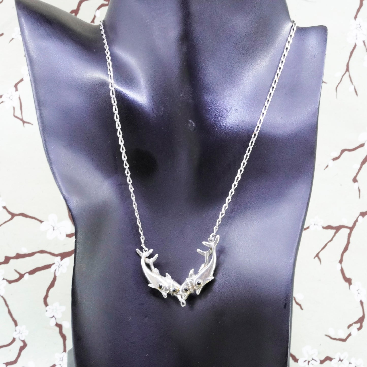 17”, sterling 925 silver handmade necklace, curb chain with dolphins pendant