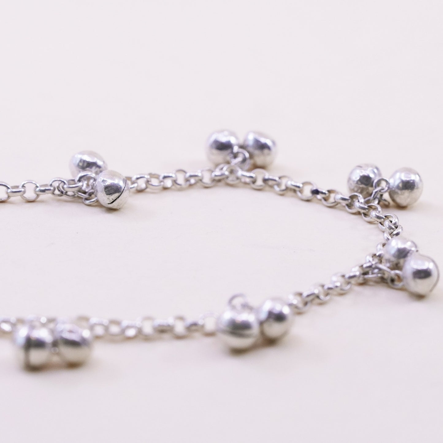 9.5”, Sterling Silver Bracelet, 925 belly dancer chain anklet chime bell charms