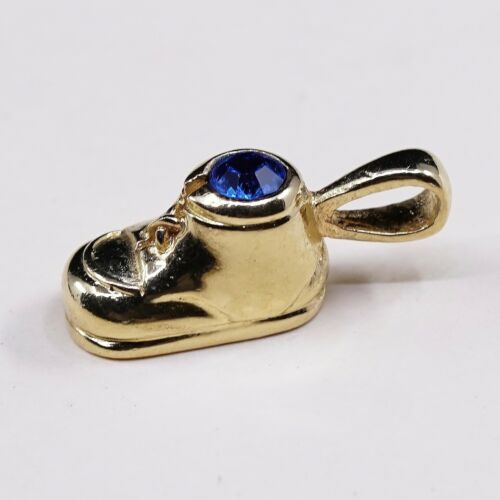 Vtg Vermeil Gold Over Sterling 925 Silver Baby Shoes Pendant Charm W/ Blue Cz