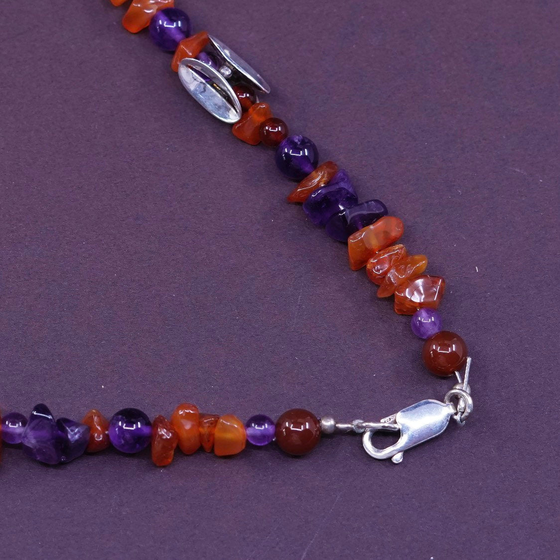 17", Sterling silver handmade necklace, 925 bead w/ Carnelian N amethyst