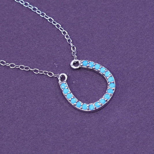 18”, Sterling silver necklace, 925 circle chain horseshoe blue crystal pendant
