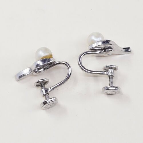 Vtg marvel Sterling 925 Silver Handmade Screw Back Earrings With Pearl