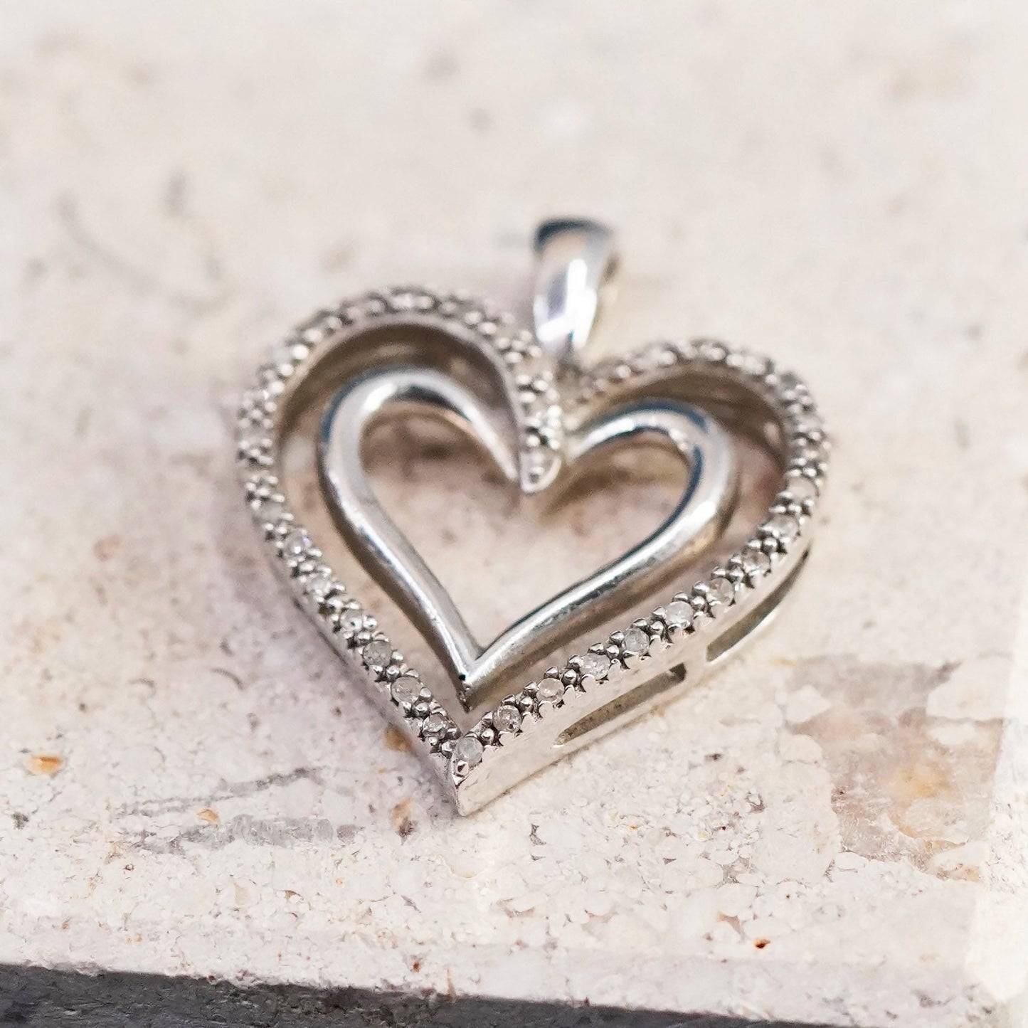 Vintage Sterling silver handmade pendant, 925 double heart with genuine diamond