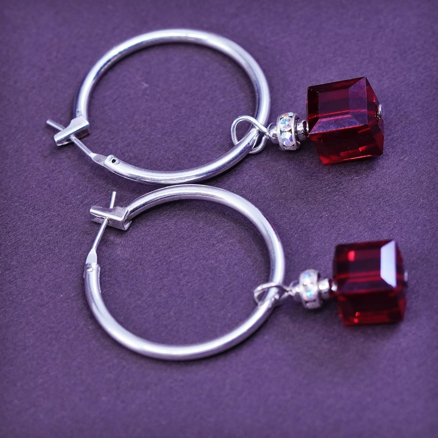 0.75”, vtg Sterling silver handmade hoops, 925 earrings with ruby cube and Cz