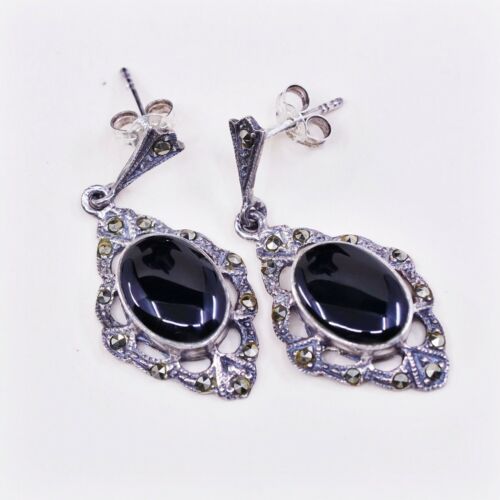 Vtg Sterling silver earrings w/ Obsidian Drop N Marcasite Details, 925