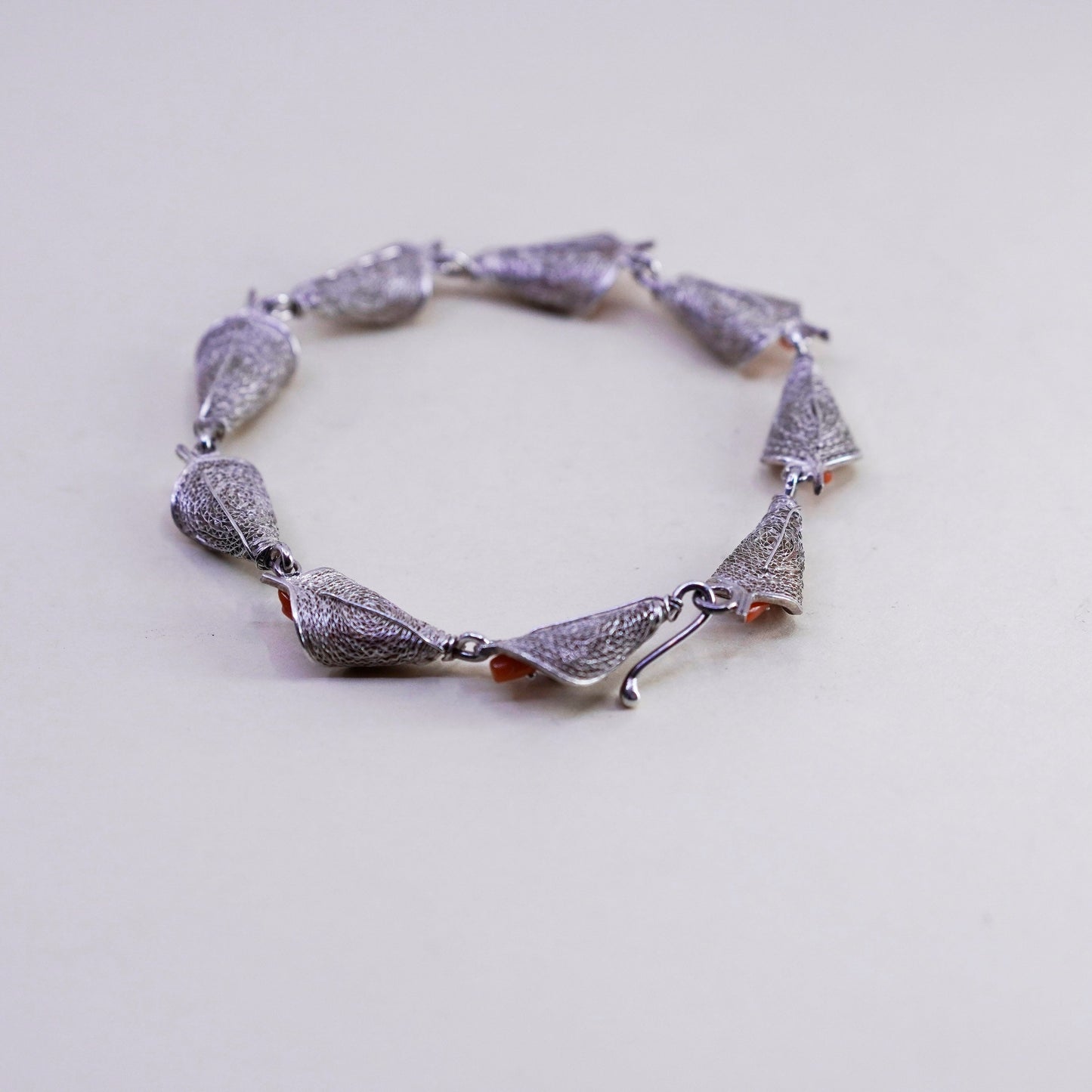 7.25”, sterling silver handmade bracelet, 925 filigree lily flower chain coral