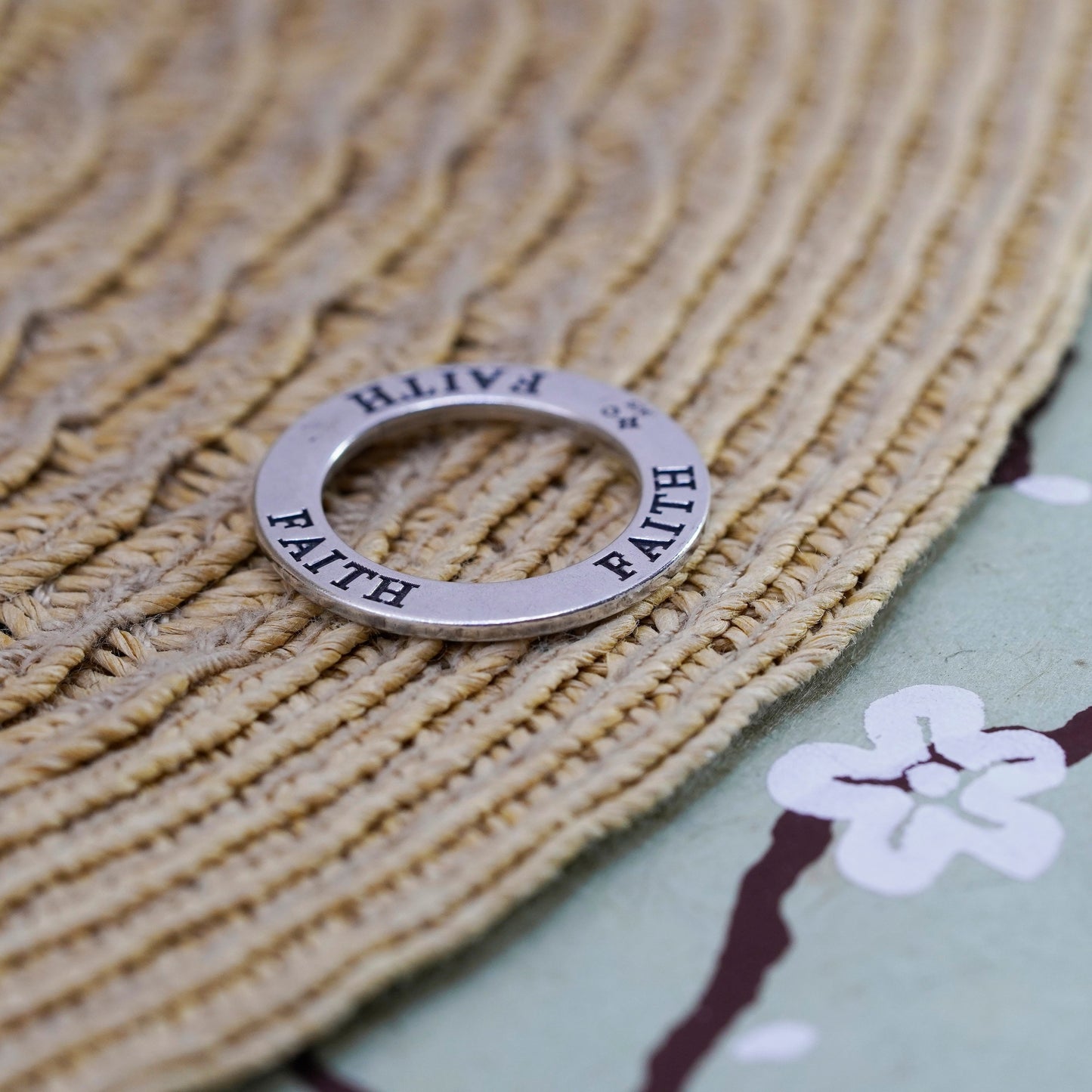 Vintage sterling silver handmade pendant, 925 circle with “faith” embossed