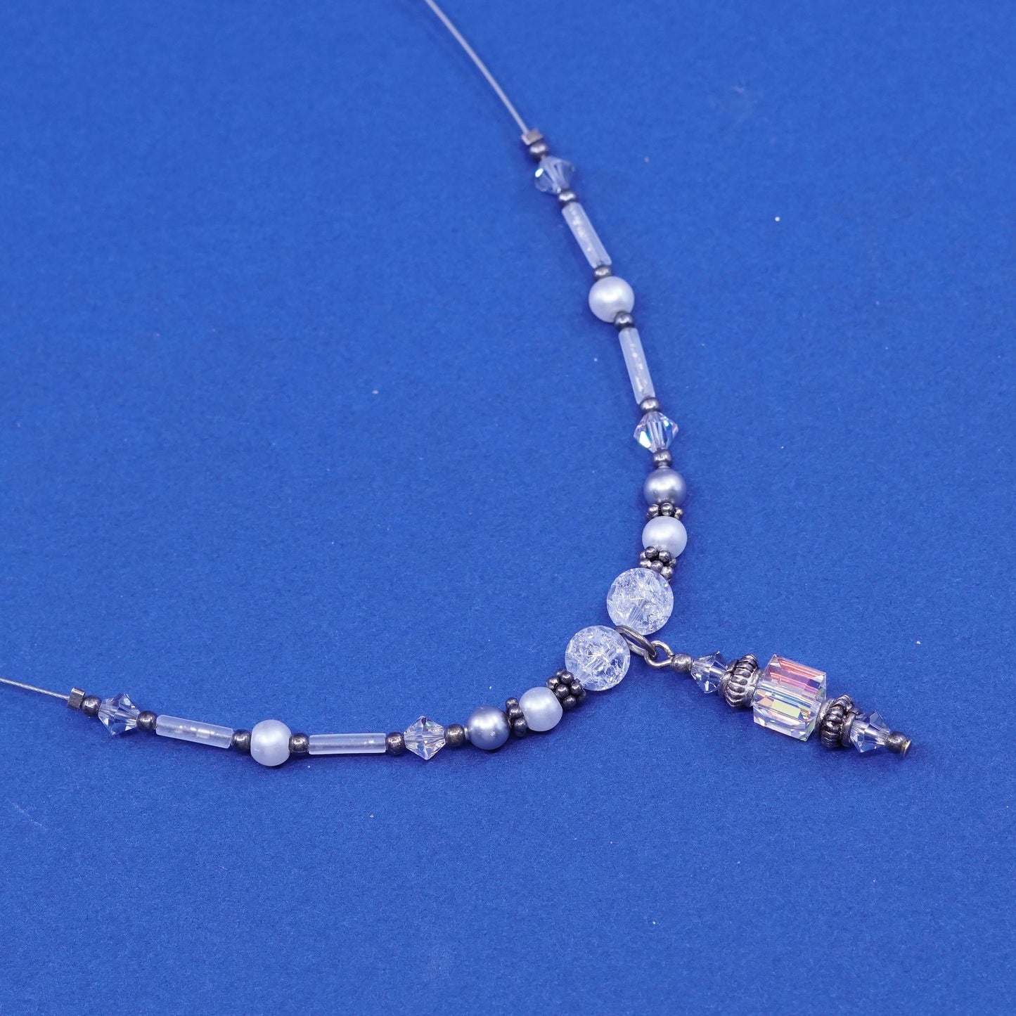 16”, vintage Sterling 925 silver necklace with pearl and crystal pendant