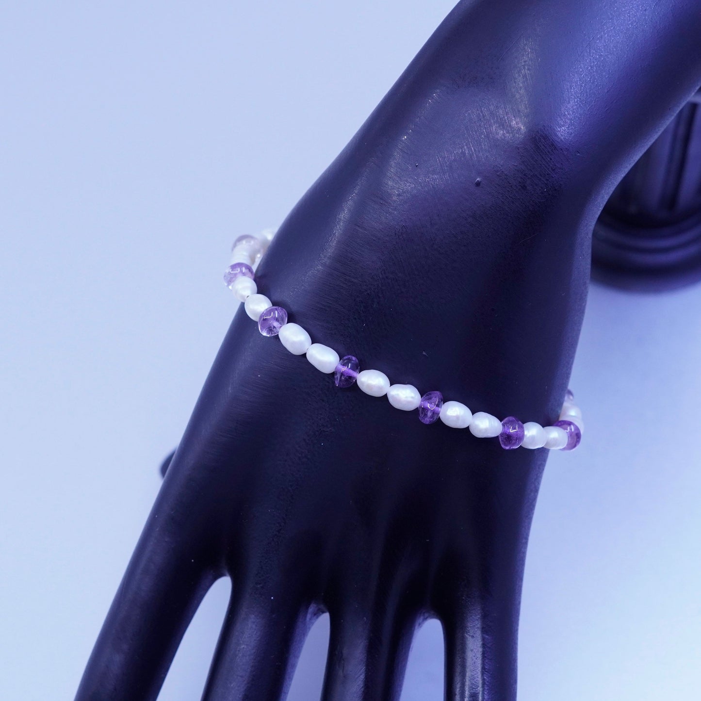 7.25”, vintage Sterling 925 silver bracelet with freshwater pearl and amethyst