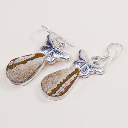 Vtg Sterling Silver Handmade Earrings, 925 Silver Butterfly W/ Teardrop Jasper