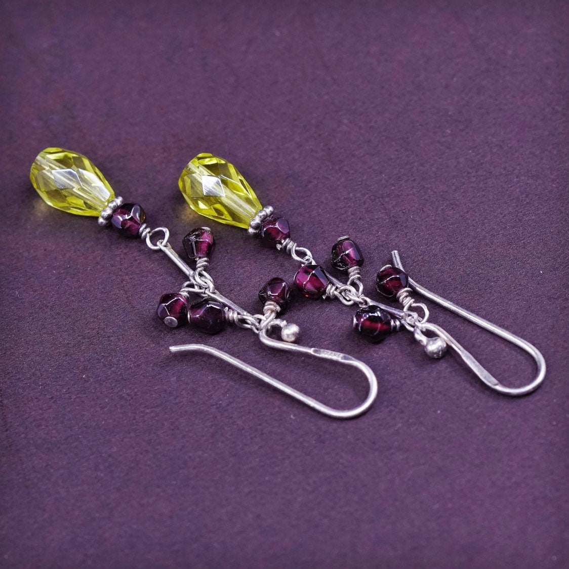 vtg Sterling silver earrings, 925 w/ garnet beads N teardrop citrine, dangle