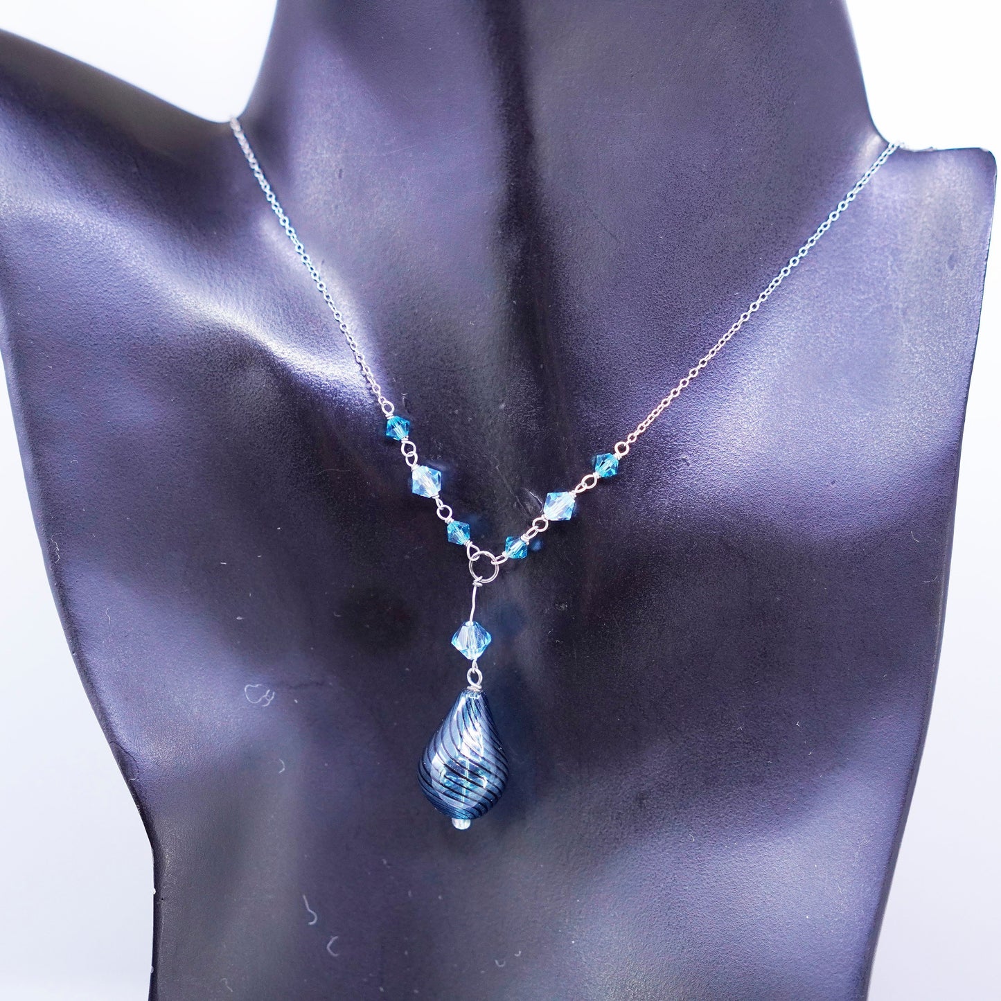 18”, Sterling 925 silver circle chain necklace with teardrop blue glass pendant