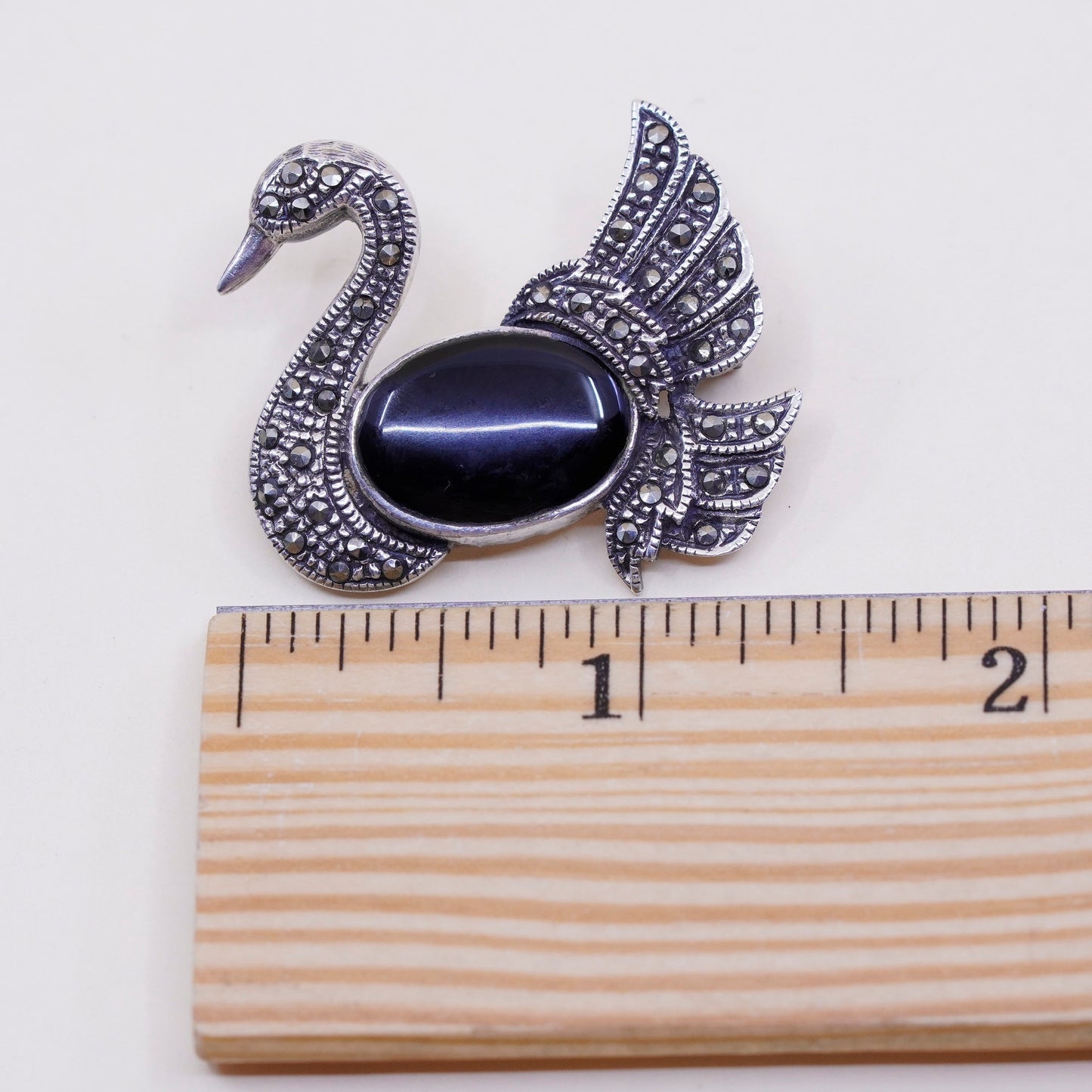 Sterling silver handmade brooch, 925 pin with obsidian swan bird and marcasite