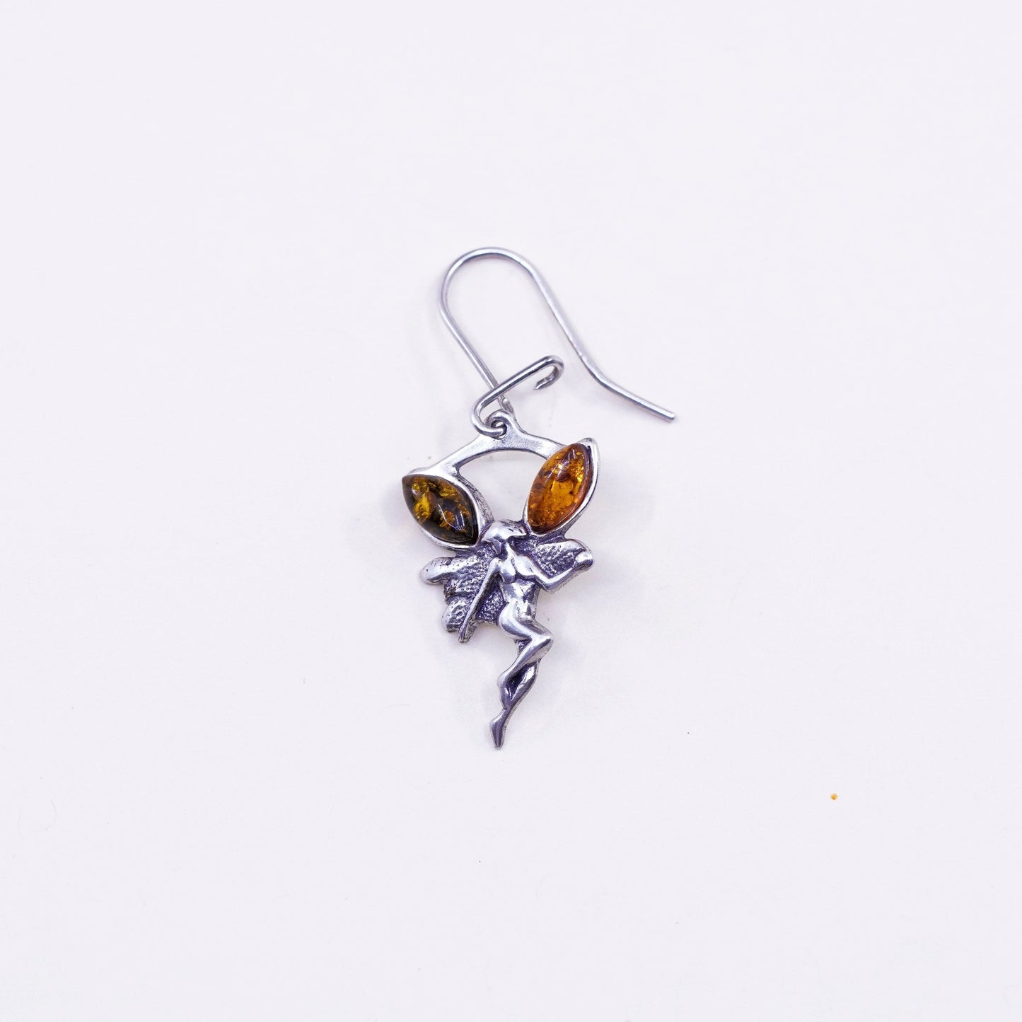 Vintage Sterling silver handmade earrings, 925 fairy with amber