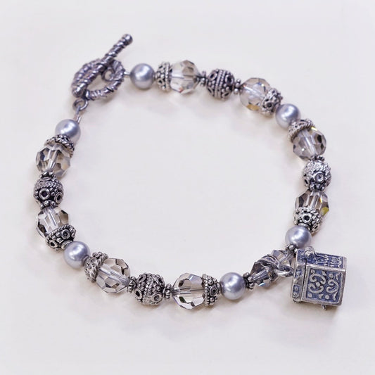 7", Sterling silver handmade bracelet 925 beads w crystal pearl N prayer locket