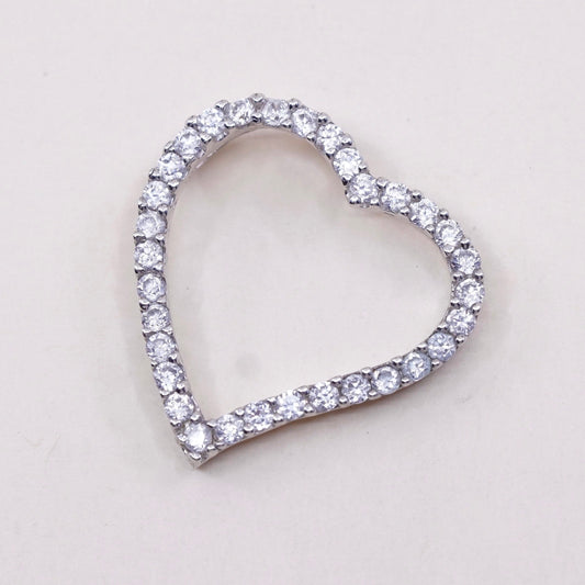 vtg sterling silver pendant, round cut clear Cz, 925 heart pendant