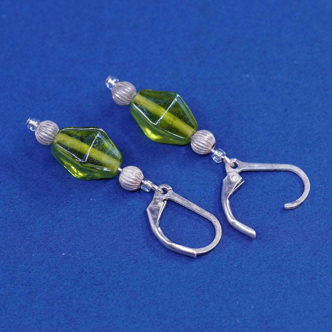 vtg sterling silver handmade earrings, 925 w/ green glass bead