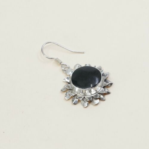 Vtg Sterling Silver Handmade Earrings, 925 Silver Sunflower W/ Obsidian Inlay