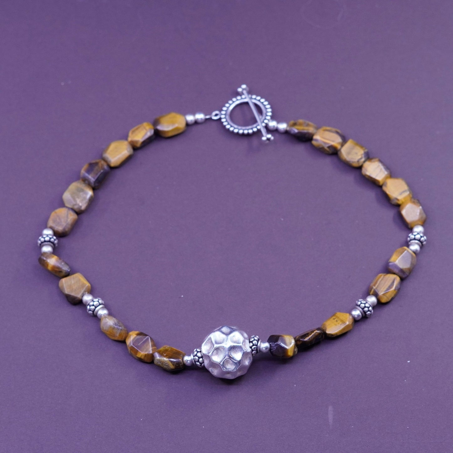 16”, vintage Sterling 925 silver necklace with golden tiger eye beads and hammered pendant, silver tested