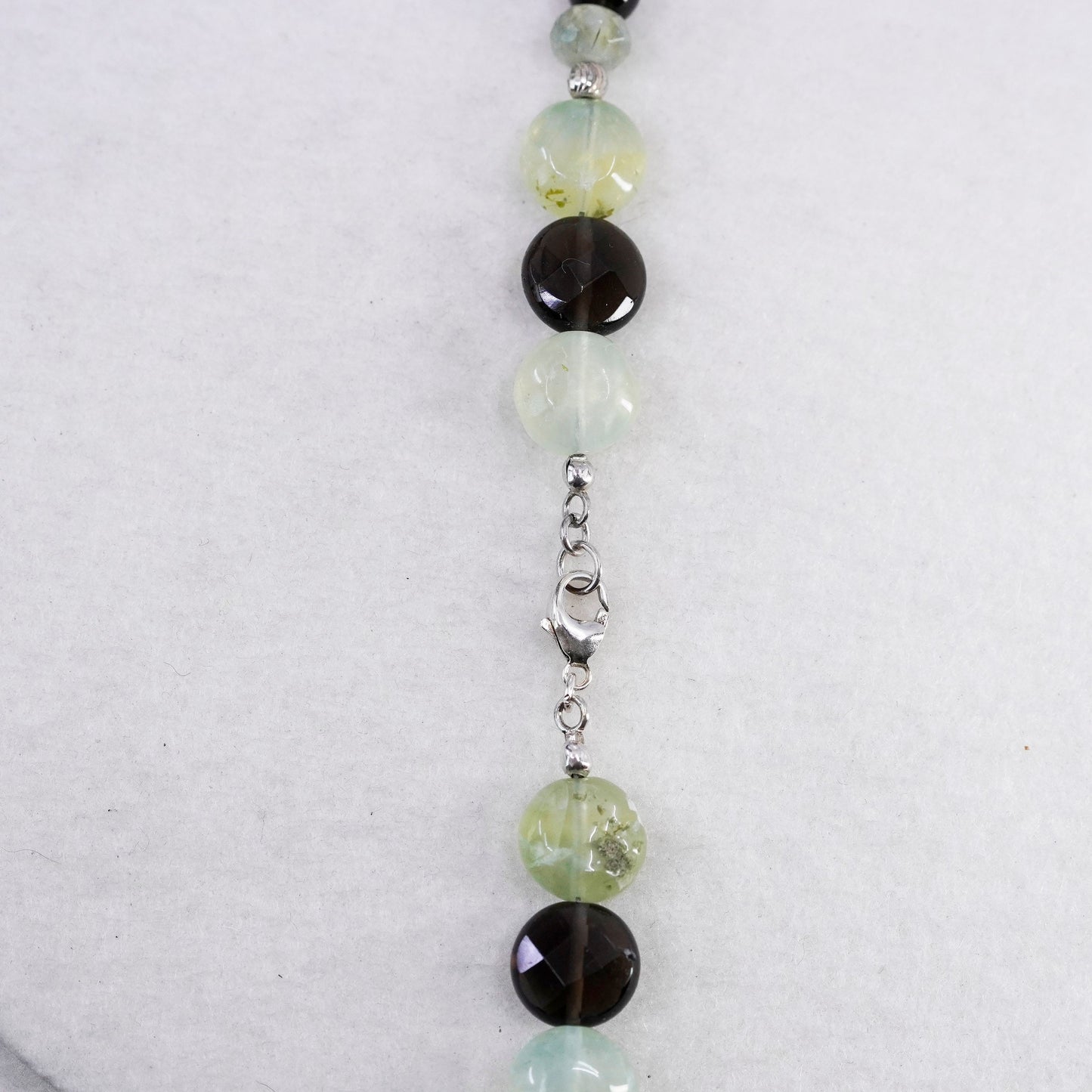 18”, vintage 925 Sterling Silver Handmade prehnite smoky quartz beads Necklace