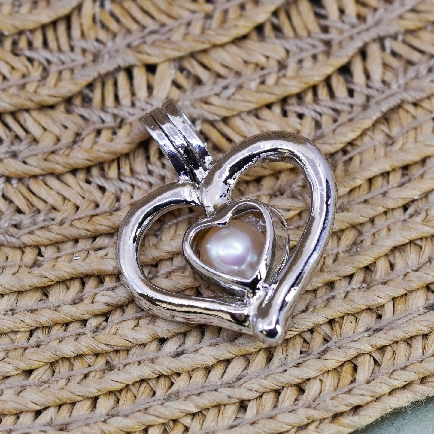 Vintage 925 handmade heart pearl cage pendant with pearl