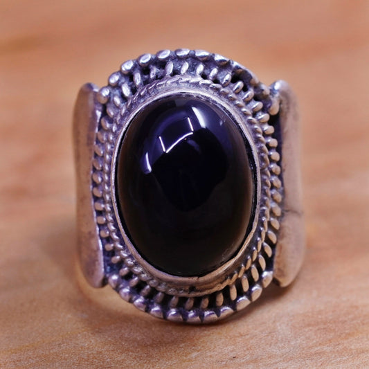 Size 7, vintage Sterling 925 silver handmade ring with oval obsidian and beads