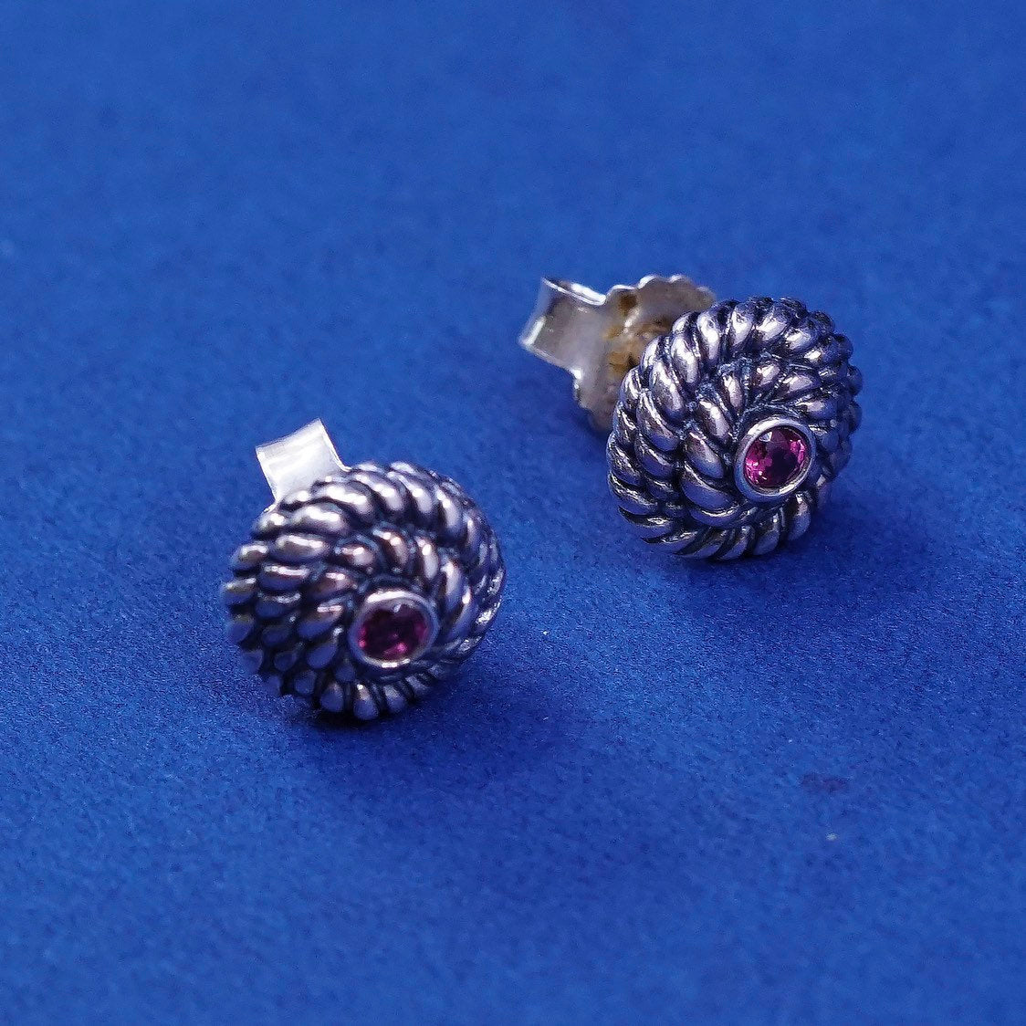 vtg sterling silver handmade earrings, 925 studs w/ ruby