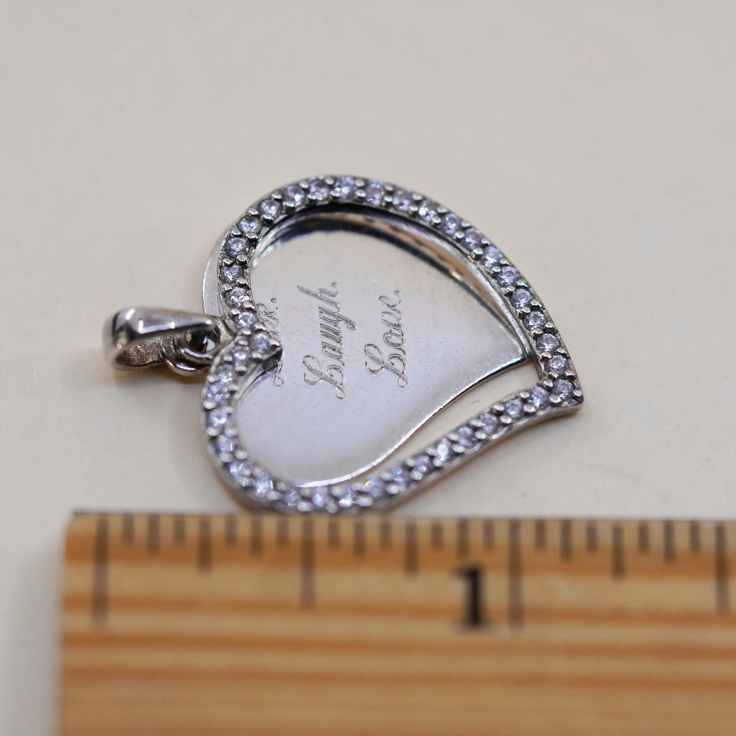 Vintage Sterling silver pendant, 925 hearts with cz “live laugh love, love Dane