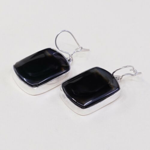 Vtg Sterling Silver handmade Earrings, 925 Silver W/ Black dendritic agate