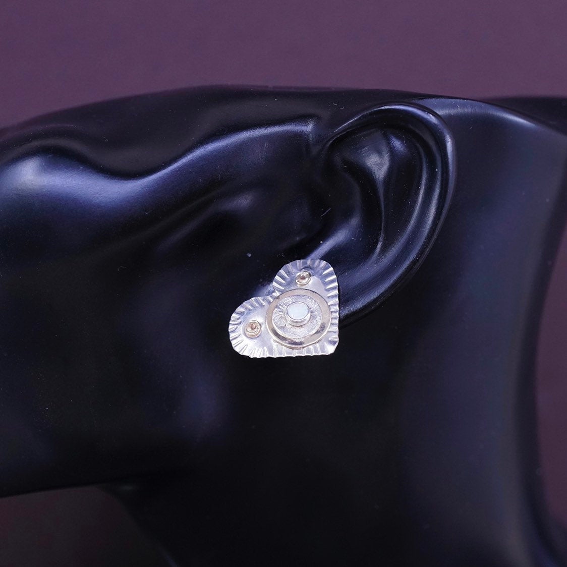 vtg Two Tone Sterling silver handmade earrings, Navajo 925 heart studs w/ opal