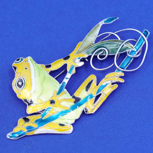 Vintage sterling 925 silver handmade frog brooch with colorful enamel