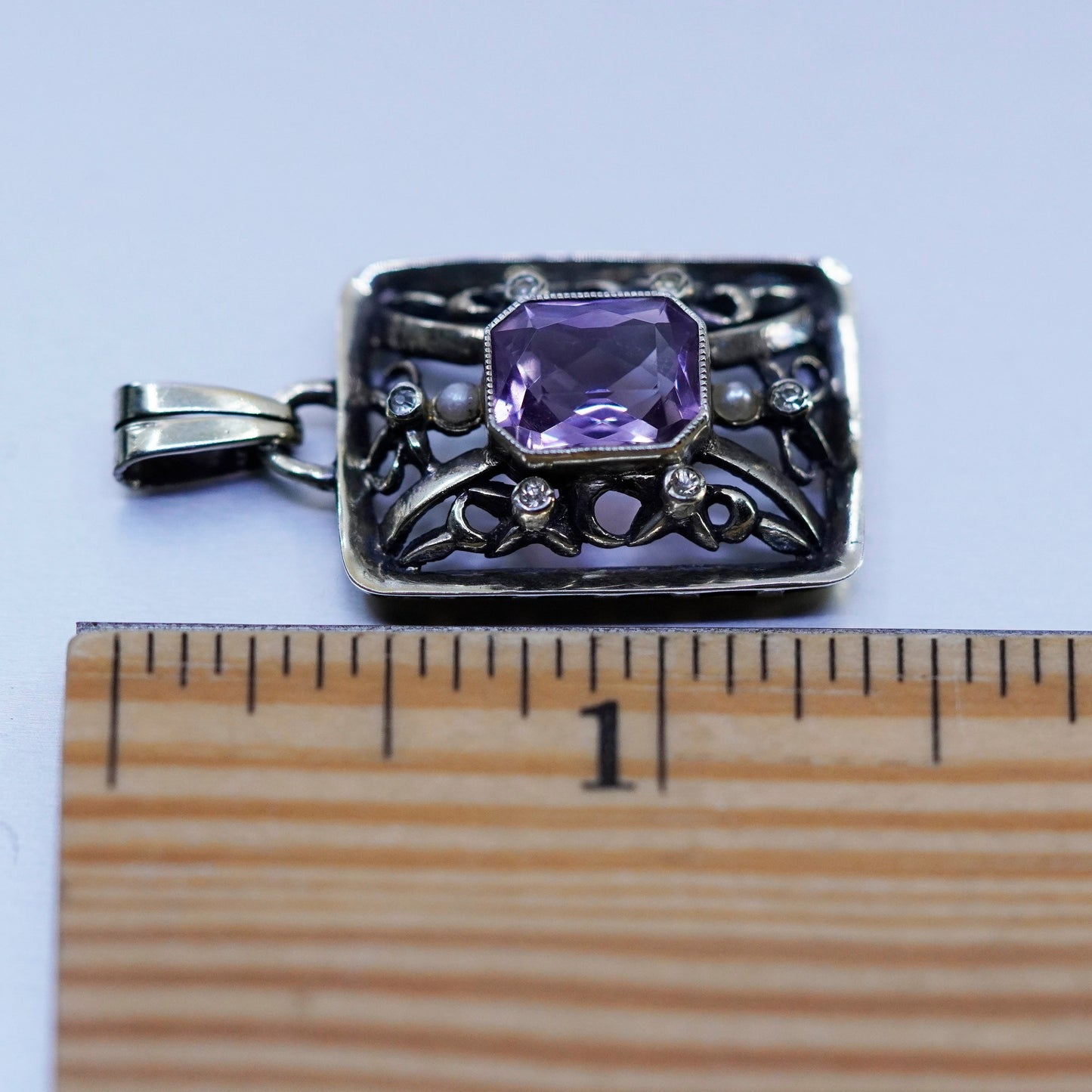 Vintage sterling 925 silver handmade filigree pendant with amethyst and crystal